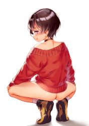 Rule 34 | 1boy, :q, absurdres, ass, black choker, blush, bottomless, brown hair, choker, commentary request, from behind, hands on own knees, highres, jairou, looking at viewer, looking back, male focus, original, pochi (jairou), purple eyes, red sweater, shoes, short hair, simple background, smile, sneakers, socks, solo, spread legs, squatting, sweater, tiptoes, tongue, tongue out, trap, white background