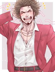 Rule 34 | 1boy, afro, after battle, arm behind head, bandage on face, bandages, brown hair, coco (h221414), dirty, dirty clothes, closed eyes, facial hair, gold necklace, hand in pocket, highres, jacket, jewelry, kasuga ichiban, male focus, necklace, pants, red jacket, red pants, ryuu ga gotoku (series), ryuu ga gotoku 7, shirt, smile, white shirt