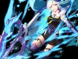 Rule 34 | 1girl, alternate costume, aqua hair, armor, blue eyes, breasts, brynhildr (fate), fate/empire of dirt, fate/grand order, fate/prototype, fate/prototype: fragments of blue and silver, fate (series), hair over one eye, long hair, solo, swd3e2, weapon