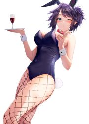 Rule 34 | 1girl, alcohol, animal ears, blue eyes, blue hair, breasts, coat, covered navel, cup, detached collar, drinking glass, fake animal ears, fake tail, fishnets, highres, holding, holding tray, kson, large breasts, leotard, linster 0987, long hair, looking at viewer, navel, one eye closed, playboy bunny, pointing, ponytail, purple hair, rabbit ears, rabbit tail, souchou, tail, tray, virtual youtuber, vshojo, white coat, wine, wine glass, wrist cuffs