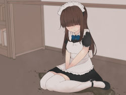 Rule 34 | 1girl, apron, between legs, black dress, black footwear, blue bow, blue bowtie, blunt bangs, blush, book, bookshelf, bow, bowtie, breasts, brown hair, closed mouth, crying, dress, embarrassed, female focus, full body, hair over eyes, hand between legs, highres, indoors, long hair, maid apron, maid headdress, medium breasts, nose blush, original, peeing, peeing self, puddle, shoes, short sleeves, sitting, solo, taiya (pixiv 33530521), tears, thighhighs, v arms, wariza, wavy mouth, wet, wet clothes, white thighhighs