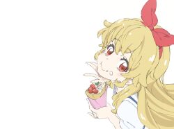 Rule 34 | 1girl, aikatsu!, aikatsu! (series), blonde hair, bow, closed mouth, commentary request, crepe, eating, food, food on face, hair bow, hairband, highres, holding, holding food, hoshimiya ichigo, long hair, looking at viewer, red bow, red eyes, red hairband, saitou atsushi (kamatamanankotu), shirt, simple background, smile, solo, transparent background, upper body, white shirt