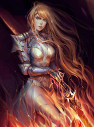 Rule 34 | 1girl, armor, armored dress, breasts, commentary, expressionless, fantasy, knight, light brown hair, lilaccu, long hair, looking at viewer, medium breasts, orange eyes, solo, standing, vambraces, very long hair, warrior