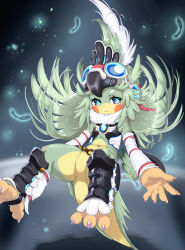 1girl absurdres blue_eyes blush_stickers closed_mouth core_crystal_(xenoblade) feathers finch_(xenoblade) full_body furry furry_female goggles goggles_on_head green_hair green_pupils highres looking_at_viewer soles solo stirrup_footwear taiyaki_(powan_po40) xenoblade_chronicles_(series) xenoblade_chronicles_2