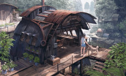 Rule 34 | 1girl, animal, black hair, building, commentary request, corrugated galvanized iron sheet, dog, full body, long hair, looking at another, noba, original, plant, river, scenery, shirt, shoes, short sleeves, shorts, smile, standing, tan, water, watermark