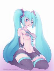 Rule 34 | 1girl, aqua hair, blue eyes, breasts, chicapixel, clothes lift, detached sleeves, hatsune miku, kneeling, looking at viewer, nipple slip, nipples, parted lips, sex toy, shirt lift, skirt, solo, thighhighs, thong, twintails, underboob, vibrator, vocaloid