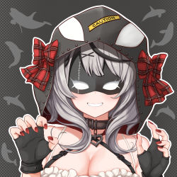 Rule 34 | 1girl, animal hood, bare shoulders, black gloves, black hair, bow, breasts, brown collar, buckle, camisole, caution, claw pose, cleavage, collar, commentary request, eye mask, facing viewer, fingerless gloves, frilled camisole, frills, gloves, grey background, grey hair, grin, hair ornament, halftone, halftone background, hands up, heart, heart collar, highres, hololive, hood, hood up, medium breasts, medium hair, multicolored hair, nail polish, orca hood, outline, patyu3, plaid, plaid bow, red bow, red nails, sakamata chloe, sidelocks, smile, solo, streaked hair, swept bangs, upper body, virtual youtuber, white background, white camisole, white outline, x hair ornament