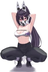 Rule 34 | 1girl, armpits, arms up, bandeau, bare shoulders, black footwear, black hair, black pants, breasts, commentary request, goddess of victory: nikke, hair between eyes, headgear, high-waist pants, high ponytail, highres, jacket, long hair, looking at viewer, mask, medium breasts, mouth mask, pants, purple jacket, shoes, simple background, sin (nikke), solo, squatting, stomach, strapless, tube top, very long hair, white background, xi oshir1, yoga pants