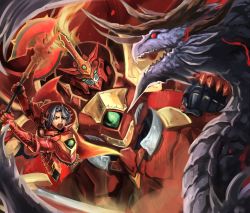 Rule 34 | 1girl, armor, axe, clenched hand, dragon, fennachtur, highres, holding, holding axe, isabella of the red steel, nyaasora, pixiv fantasia, pixiv fantasia last saga, punching, red armor, red eyes, screaming