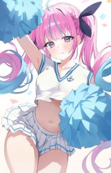 Rule 34 | 1girl, absurdres, ahoge, alternate costume, anchor print, arm up, black ribbon, blue hair, blush, breasts, cheerleader, closed mouth, colored inner hair, commentary request, confetti, cropped shirt, hair ribbon, highres, holding, holding pom poms, hololive, long hair, looking at viewer, medium breasts, midriff, minato aqua, miniskirt, multicolored hair, navel, nel dcm, pink eyes, pink hair, pleated skirt, pom pom (cheerleading), pom poms, ribbon, shirt, skirt, sleeveless, sleeveless shirt, solo, stomach, streaked hair, thighs, twintails, two-tone hair, virtual youtuber, white shirt, white skirt