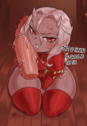 Rule 34 | 1girl, anger vein, calamitas, calamity mod, colored skin, disembodied penis, english text, grey skin, horns, kneeling, large penis, looking at viewer, ourobot, penis, penis grab, penis on face, red thighhighs, shortstack, terraria, thick thighs, thighhighs, thighs, uncensored, white hair, wide hips