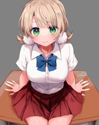 Rule 34 | 1girl, arm support, blue bow, blue bowtie, bow, bowtie, breasts, buttons, closed mouth, collared shirt, commentary request, cowlick, desk, festa11307070, green eyes, grey background, hair ornament, indie virtual youtuber, large breasts, light brown hair, looking at viewer, low twintails, miniskirt, nail polish, on desk, paid reward available, pink nails, pleated skirt, pom pom (clothes), pom pom hair ornament, red skirt, school desk, school uniform, shigure ui (vtuber) (2nd costume), shigure ui (vtuber), shigure ui (vtuber) (2nd costume), shirt, short hair, short twintails, signature, sitting, on desk, skirt, smile, solo, twintails, virtual youtuber, white shirt