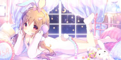 Rule 34 | &gt; &lt;, 1girl, animal ears, bed, blue nails, blush, bow, breasts, bunny girl, collarbone, commentary request, crescent, curtains, earphones, fake animal ears, fingernails, frilled pillow, frills, hair between eyes, hair bow, hands up, has bad revision, has downscaled revision, headset, highres, indoors, jacket, jar, leg up, long hair, long sleeves, looking at viewer, lying, md5 mismatch, multicolored nails, nail polish, night, night sky, no shoes, on bed, on stomach, original, parted lips, pillow, pink bow, pink jacket, purple nails, rabbit ears, rabbit tail, red bow, red eyes, red nails, resolution mismatch, shiratama (shiratamaco), sky, sleeves past wrists, socks, soles, solo, source smaller, star (sky), star (symbol), starry sky, stuffed animal, stuffed rabbit, stuffed toy, tail, white socks, window
