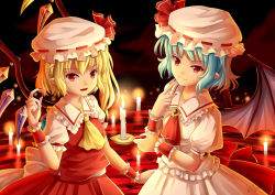 Rule 34 | 2girls, :d, artist name, ascot, bat wings, blonde hair, blue hair, candle, flandre scarlet, hat, looking at viewer, mob cap, multiple girls, open mouth, red eyes, remilia scarlet, ribbon-trimmed headwear, ribbon trim, short hair, signature, smile, touhou, villyane, wings, wrist cuffs