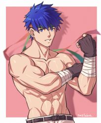 Rule 34 | 1boy, abs, absurdres, bandages, belt, biceps, blue eyes, blue hair, fingerless gloves, fire emblem, fire emblem: path of radiance, gloves, headband, highres, ike (fire emblem), looking at viewer, male focus, muscular, muscular male, nintendo, pants, short hair, smile, solo, topless male, white pants, yaekaidou
