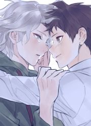 Rule 34 | 2boys, ahoge, alternate costume, black hair, blush, brown eyes, brown hair, commentary request, danganronpa (series), danganronpa 2: goodbye despair, eye contact, face-to-face, forehead-to-forehead, green jacket, grey hair, heads together, highres, hinata hajime, jacket, komaeda nagito, long sleeves, looking at another, male focus, medium hair, multiple boys, parted lips, profile, shirt, short hair, simple background, smile, tears, upper body, uurin, white background, yaoi