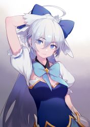 Rule 34 | 1girl, ahoge, amana (pocketkey), arm up, black choker, blue bow, blue eyes, blue neckwear, bow, breasts, choker, cleavage, closed mouth, gloves, gradient background, grey background, hair between eyes, hair bow, head tilt, highres, long hair, looking at viewer, medium breasts, princess connect!, short sleeves, silver hair, smile, solo, standing, tomo (magical girl) (princess connect!), tomo (princess connect!), upper body, very long hair, white background, white gloves