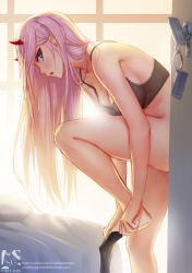 Rule 34 | 10s, 1girl, bad id, bad pixiv id, black bra, black pantyhose, bottomless, bra, breasts, cleavage, clothes pull, darling in the franxx, doorway, dressing, green eyes, highres, horns, key, charm (object), lock, long hair, looking at viewer, medium breasts, no panties, open door, open mouth, pantyhose, pink hair, shadowgrave, solo, sunlight, sweat, underwear, watermark, web address, window, zero two (darling in the franxx)