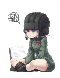 Rule 34 | 10s, 1girl, blonde hair, blue eyes, blush, boots, breast pocket, commentary request, flag, frown, full body, girls und panzer, hair between eyes, helmet, highres, indian style, katyusha (girls und panzer), medama hike, pocket, pravda military uniform, short hair, simple background, sitting, solo, squiggle, tank helmet, tearing up, v-shaped eyebrows, wavy mouth, white background, white flag