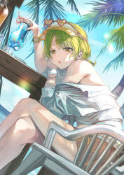 Rule 34 | 1girl, :o, bare legs, blush, bracelet, cocktail glass, crossed legs, cup, drinking glass, dutch angle, eyewear on head, feet out of frame, green hair, head rest, heart, heart-shaped eyewear, highres, idolmaster, idolmaster shiny colors, jewelry, leaning forward, looking at viewer, looking to the side, nanakusa nichika, otsudou, outdoors, palm tree, shirt, tinted eyewear, tree, visor cap, white shirt