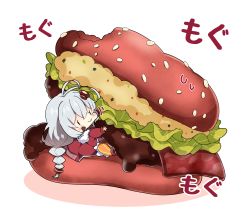 Rule 34 | 1girl, :t, antenna hair, blush, braid, brown eyes, chibi, closed mouth, colored shadow, commentary request, eating, food, food on face, food request, grey hair, hair between eyes, hair ornament, highres, in food, jacket, kizuna akari, long hair, long sleeves, milkpanda, mini person, minigirl, orange pantyhose, pantyhose, puffy long sleeves, puffy sleeves, red jacket, sesame seeds, shadow, simple background, solo, star (symbol), striped clothes, striped pantyhose, sweat, translation request, vertical-striped clothes, vertical-striped pantyhose, very long hair, voiceroid, wavy mouth, white background