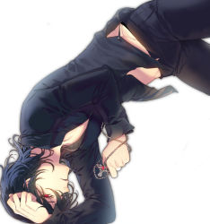 Rule 34 | 10s, 1boy, black hair, black shirt, collared shirt, cowboy shot, cross, enk, ensemble stars!, hand on own head, looking at viewer, male focus, necklace, parted lips, red eyes, sakuma rei (ensemble stars!), simple background, solo, unbuttoned, white background
