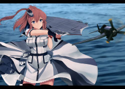 Rule 34 | 1girl, belt, black gloves, blouse, blue eyes, breast pocket, breasts, brown hair, dress, f6f hellcat, fingerless gloves, flight deck, fuyube gin (huyube), gloves, half gloves, kantai collection, large breasts, long hair, md5 mismatch, ocean, official style, pocket, red thighhighs, resolution mismatch, saratoga (kancolle), saratoga mk ii (kancolle), shirt, shizuma yoshinori (style), short sleeves, side ponytail, single glove, smokestack hair ornament, solo, source larger, standing, standing on liquid, thighhighs, turret, two-tone dress, white dress, white shirt