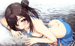 Rule 34 | 1girl, :d, against wall, alternate hairstyle, ass, back, bent over, bikini, black hair, blue bikini, blush, breast press, breasts, brown eyes, butt crack, cleavage, dimples of venus, fingernails, from side, hair bun, hair up, half updo, highres, ichijou hotaru, large breasts, long fingernails, long hair, looking at viewer, moric, non non biyori, ocean, open mouth, rock, sarong, side bun, side ponytail, sideboob, single hair bun, single side bun, smile, solo, swept bangs, swimsuit, wading, water, wet