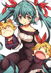 Rule 34 | 1girl, :&lt;, :q, dress, green eyes, green hair, hair ribbon, hand puppet, hatsune miku, headset, hippos, kagamine len, kagamine rin, long hair, matching hair/eyes, open mouth, puppet, ribbon, solo, tongue, tongue out, twintails, very long hair, vocaloid, white background