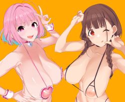 Rule 34 | 2girls, ;p, absurdres, bikini, blue hair, blunt bangs, breasts, choker, commentary request, covered erect nipples, fang, frills, highres, idolmaster, idolmaster cinderella girls, large breasts, looking at viewer, multicolored hair, multiple girls, nipples, one eye closed, open mouth, pink eyes, pink hair, q (ed69), red eyes, short hair, simple background, smile, string bikini, swimsuit, tongue, tongue out, two-tone hair, upper body, v, wrist cuffs, yellow background, yumemi riamu