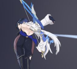 Rule 34 | 1girl, ass, bare shoulders, blue hair, bodysuit, bow (weapon), breasts, cameltoe, from behind, genshin impact, gloves, green eyes, highres, jacket, jacket on shoulders, leaning, leaning forward, looking at viewer, looking back, luizhtx, parted lips, shiny clothes, shiny skin, short hair, sideboob, solo, weapon, yelan (genshin impact)