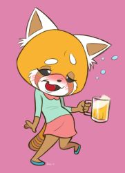 Rule 34 | 10s, 1girl, aggressive retsuko, alcohol, animal ears, aqua shirt, artist name, beer, beer mug, black sclera, blush, colored sclera, cup, dated, drink, drinking glass, drunk, female focus, full body, furry, furry female, glass, half-closed eyes, hand up, highres, holding, jobbythehong, leg up, mug, nose blush, open mouth, panda ears, pigeon-toed, pink background, pink skirt, red footwear, retsuko, shirt, shoes, signature, simple background, skirt, smile, solo, standing, standing on one leg, tail, white eyes