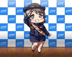 Rule 34 | 1girl, black footwear, blue eyes, blue jacket, blue necktie, blue skirt, blush, checkered wall, chibi, commentary request, grey hair, grin, hat, jacket, long sleeves, looking at viewer, love live!, love live! school idol festival, love live! sunshine!!, necktie, pencil skirt, police, police hat, police uniform, policewoman, reflective floor, salute, sash, short hair, skirt, smile, sofmap background, solo, standing, step and repeat, tile floor, tiles, uniform, usamaru67pi, watanabe you