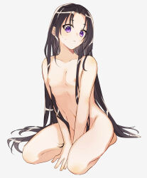 Rule 34 | 1boy, black hair, character request, collarbone, commentary request, completely nude, copyright request, full body, highres, light blush, long hair, looking at viewer, male focus, navel, nipples, nude, parted lips, pectorals, purple eyes, seiza, simple background, sitting, solo, sweatdrop, trap, very long hair, white background, wide-eyed, yukinotomotaku