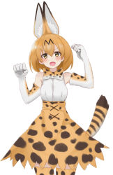 Rule 34 | 1girl, animal ears, bad id, bad pixiv id, blonde hair, blouse, blush, bow, bowtie, clenched hands, commentary, cowboy shot, elbow gloves, extra ears, fuyu yafunu, gloves, high-waist skirt, kemono friends, looking at viewer, miniskirt, open mouth, print bow, print bowtie, print gloves, print neckwear, print skirt, print thighhighs, serval (kemono friends), serval print, serval tail, shirt, short hair, simple background, skirt, sleeveless, sleeveless shirt, smile, solo, standing, striped tail, tail, thighhighs, traditional bowtie, w arms, white background, white gloves, white shirt, yellow thighhighs