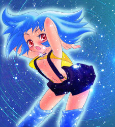 Rule 34 | 1girl, arm up, arms behind head, black skirt, blue background, blue hair, blue thighhighs, blush, breasts, clothes lift, leaning forward, looking at viewer, navel, open mouth, print thighhighs, red eyes, shirt, shirt lift, short hair, skirt, small breasts, sparkle, standing, star (symbol), star print, starry background, suspender skirt, suspenders, tank top, thighhighs, usamirui, wind, wind lift, yellow shirt