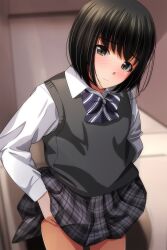 Rule 34 | 1girl, absurdres, black hair, black skirt, black sweater vest, blue bow, blue bowtie, blurry, blurry background, blush, bob cut, bow, bowtie, breasts, brown eyes, closed mouth, clothes lift, collared shirt, commentary, cowboy shot, diagonal-striped bow, diagonal-striped bowtie, diagonal-striped clothes, dress shirt, hands on own hips, head tilt, highres, lifting own clothes, long sleeves, loose hair strand, matsunaga kouyou, messy hair, nose blush, original, plaid, plaid skirt, raised eyebrows, shirt, short hair, skirt, skirt lift, small breasts, solo, standing, striped clothes, sweater vest, two-tone bowtie, white bow, white bowtie, white shirt