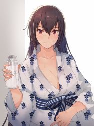 Rule 34 | 1girl, bottle, breasts, brown hair, closed mouth, collarbone, commentary, floral print, hair between eyes, hand up, holding, holding bottle, japanese clothes, kantai collection, kasumi (skchkko), kimono, large breasts, light smile, long hair, looking at viewer, milk, milk bottle, nagato (kancolle), no bra, obi, red eyes, sash, solo, upper body, white kimono, yukata