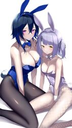 Rule 34 | 2girls, absurdres, animal ears, black hair, black pantyhose, blue bow, blue bowtie, blue hair, blue hairband, blue leotard, bow, bowtie, breasts, cleavage, crossed bangs, detached collar, fake animal ears, fake tail, fishnet pantyhose, fishnets, gradient hair, grey bow, grey bowtie, grey hair, grey hairband, grey leotard, hairband, highleg, highleg leotard, highres, ichinose uruha, kairi (miry666), kneeling, large breasts, leotard, looking at viewer, multicolored hair, multiple girls, pantyhose, playboy bunny, purple eyes, rabbit ears, rabbit tail, shinomiya runa, short hair, simple background, small breasts, strapless, strapless leotard, streaked hair, tail, traditional bowtie, twintails, virtual youtuber, vspo!, white background, wing collar, wrist cuffs, yellow eyes
