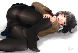 Rule 34 | 1girl, aoki eichi, artist name, black hair, black pantyhose, blue skirt, blush, cardigan, commentary, feet, green eyes, gusset, hand on own knee, hands on own knee, highres, looking at viewer, lying, neckerchief, no shoes, on side, original, pantyhose, parted lips, pleated skirt, school uniform, signature, simple background, skirt, sleeves past wrists, smile, solo, teeth, thighband pantyhose, thighs, toes, white background