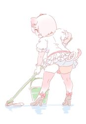 Rule 34 | 1girl, animal ears, bow, bucket, cleaning, commentary request, footwear bow, gloves, high heels, kemono friends, mitsumoto jouji, mop, panties, pantyshot, pig (kemono friends), pig ears, pig tail, pink hair, pink thighhighs, pleated skirt, puffy short sleeves, puffy sleeves, shoes, short hair, short sleeves, skirt, solo, tail, thighhighs, underwear, zettai ryouiki