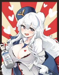 Rule 34 | 1girl, absurdres, alcohol, animal ears, arknights, bear ears, between breasts, blue coat, blue eyes, blue headwear, blue nails, blue necktie, bottle, bra, bra peek, breasts, coat, commentary, heart, heterochromia, highres, holding, holding bottle, jacket, junsuina fujunbutsu, large breasts, long sleeves, looking at viewer, multicolored hair, nail polish, necktie, necktie between breasts, off-shoulder coat, off shoulder, open clothes, open coat, open mouth, red eyes, rosa (arknights), shirt, signature, smile, solo, streaked hair, unbuttoned, unbuttoned shirt, underwear, upper body, vodka, wavy hair, white hair, white jacket, white shirt
