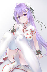 Rule 34 | 1girl, ahoge, azur lane, breasts, bun cover, china dress, chinese clothes, clenched hand, closed mouth, commentary request, double bun, dress, feet out of frame, gradient background, grey background, hair between eyes, hair bun, hand up, highres, knees together feet apart, knees up, long hair, medium breasts, nakazawa aki, pelvic curtain, purple eyes, purple hair, short sleeves, sitting, smile, solo, thighhighs, unicorn (azur lane), unicorn (the gift of spring) (azur lane), very long hair, white background, white dress, white thighhighs, wrist cuffs