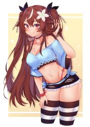 1girl, black bow, black choker, black shorts, blush, border, bow, bracelet, breasts, choker, cleavage, closed mouth, commentary, commission, cropped legs, cropped shirt, dated, english commentary, flower, hair bow, hair flower, hair ornament, hand up, highleg, highleg panties, highres, jewelry, leaning forward, looking at viewer, medium breasts, micro shorts, midriff, multicolored hair, navel, original, panties, panty straps, red eyes, red panties, shorts, signature, skindentation, smile, solo, streaked hair, striped, striped legwear, temachii, thighhighs, torn clothes, torn shorts, underwear, white border, white flower, yellow background