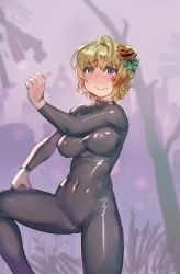 Rule 34 | 1girl, black bodysuit, blonde hair, blush, bodysuit, bow (bhp), breasts, cameltoe, closed mouth, commentary request, covered navel, crying, crying with eyes open, dancing, grey background, hair ornament, jack-o&#039;-lantern, latex, latex suit, long sleeves, looking at viewer, medium breasts, meme, original, pumpkin dance (meme), purple eyes, scared, short hair, solo, standing, standing on one leg, tears