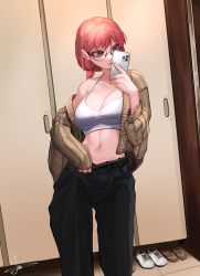 Rule 34 | 1girl, absurdres, artist request, bare shoulders, black pants, breasts, brown jacket, cellphone, cleavage, cowboy shot, crop top, glasses, halterneck, hand up, highres, holding, holding phone, indoors, jacket, large breasts, long sleeves, midriff, navel, off shoulder, open clothes, open jacket, original, pants, parted lips, phone, pink eyes, pink hair, round eyewear, sandals, second-party source, shoes, short hair, smartphone, solo, sports bra, standing, stomach
