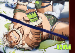 Rule 34 | 3boys, absurdres, ahoge, animal ears, bara, beard, belly, blood, blue eyes, blush, bulge, erection, erection under clothes, facial hair, fat, fat man, footjob over clothes, furry, furry male, furry with furry, highres, hombre tigre (housamo), large pectorals, looking at another, male focus, motion lines, multiple boys, muscular, muscular male, nosebleed, pectorals, short hair, shoyuna (cai1448331577), slime (substance), spread legs, stomach, tearing up, thick eyebrows, thick thighs, thighs, tiger boy, tiger ears, tokyo houkago summoners, topless male, white hair, wrestling outfit, wrestling ring, yaoi