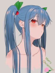 Rule 34 | 1girl, alternate hairstyle, bare shoulders, blue hair, blush, close-up, closed mouth, collarbone, commentary, double-parted bangs, food, fruit, grey background, hair between eyes, hair ornament, highres, hinanawi tenshi, leaf hair ornament, long hair, looking at viewer, merry christmas, nude, peach, red eyes, ropu 1, simple background, solo, straight hair, touhou, tsurime, twintails