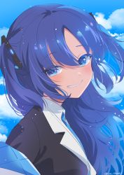 Rule 34 | 1girl, blue archive, blue eyes, blue necktie, cloud, cloudy sky, collared shirt, commentary request, day, formal, ica, jacket, long hair, looking at viewer, necktie, off shoulder, open clothes, open jacket, open mouth, parted bangs, purple hair, shirt, sidelocks, sky, smile, solo, suit, two side up, white shirt, yuuka (blue archive)
