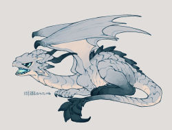 Rule 34 | &gt;:(, angry, animal focus, artist name, blue eyes, blue tongue, colored tongue, dragon, final fantasy, final fantasy xiv, from side, full body, grey background, highres, horns, lying, no humans, on stomach, open mouth, orn khai, scales, sharp teeth, shuini xiaomao, signature, simple background, solo, tail, teeth, tongue, v-shaped eyebrows, wings